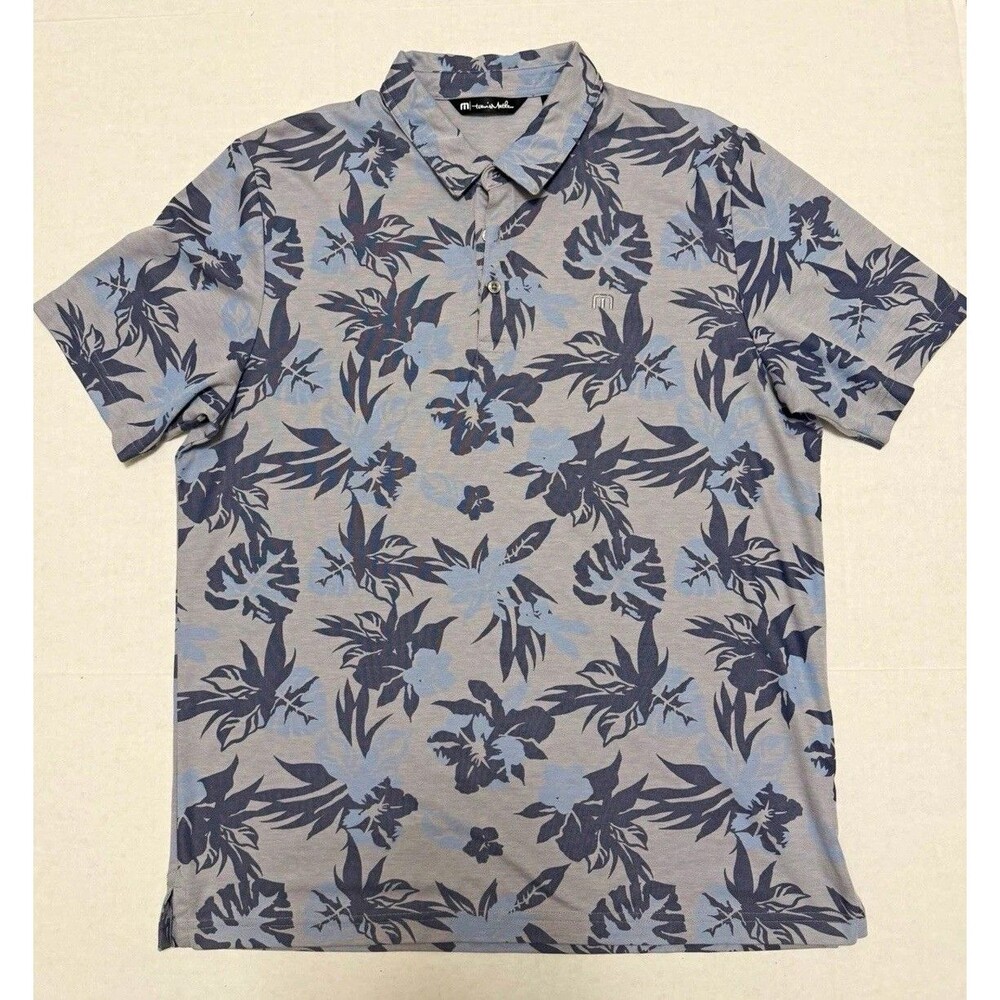 TravisMathew Men’s XL Take the Bait Polo Shirt Gray/Blue Tropical Floral Golf